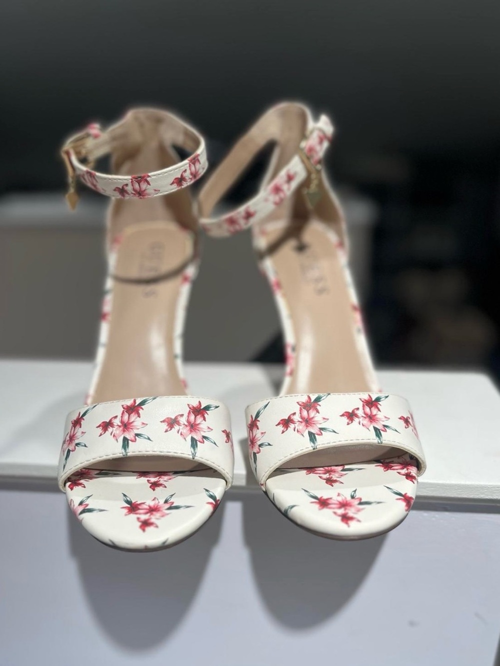 Guess White Floral Ankle-Strap Heels with Pink Flowers